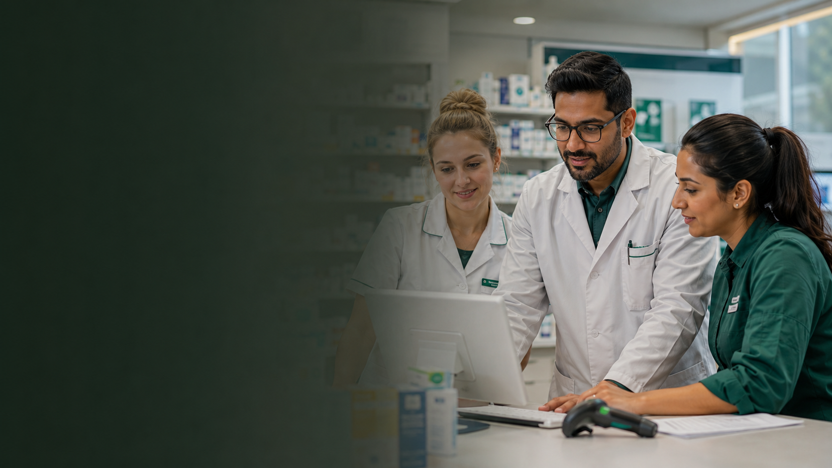 Pharmacy team gathered at a dispensary counter