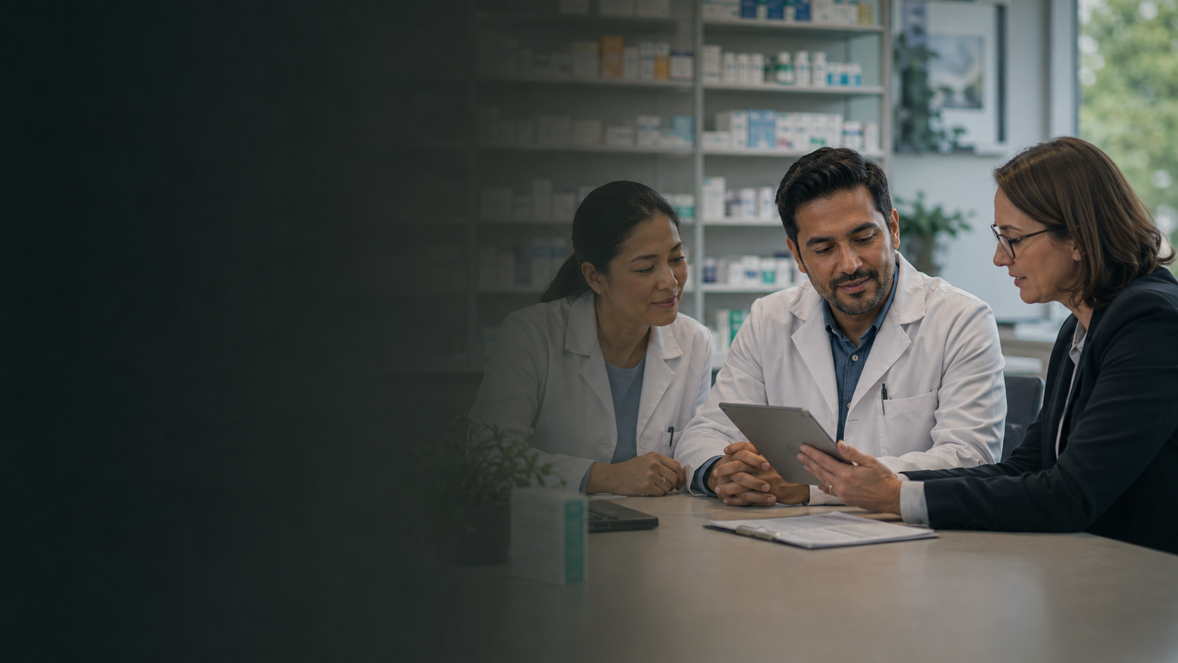 Pharmacy owners and partners reviewing business plans