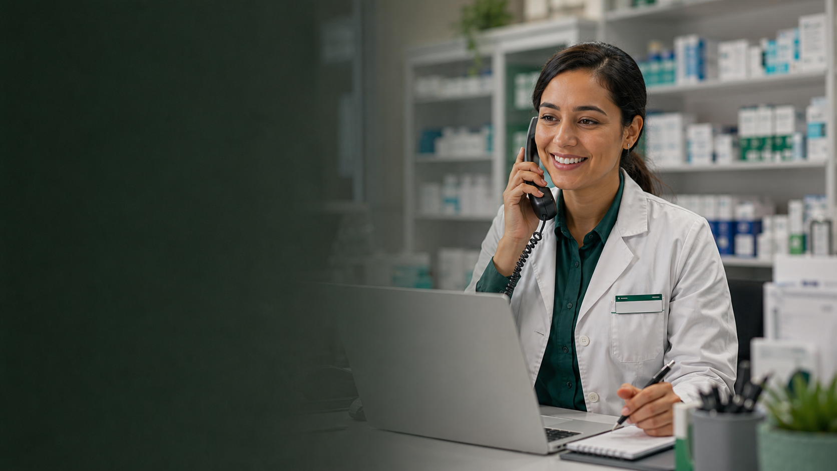A pharmacy professional taking a call at a desk
